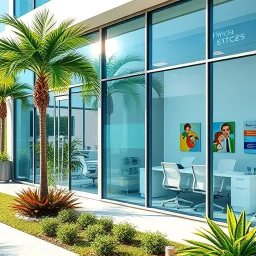 Modern Health Insurance office in Riviera Beach FL with glass facade, palm trees, and inviting interior design.