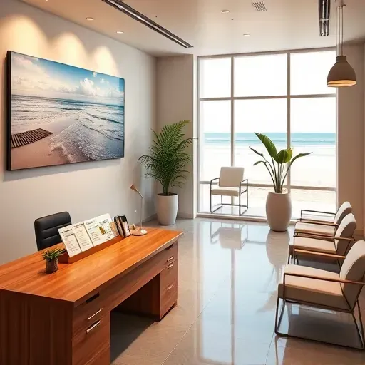 Modern Health Insurance office in Lake Worth Beach FL with sleek reception, warm lighting, and serene beach artwork.