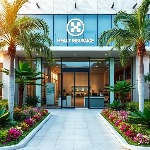 Health Insurance office in Aventura, FL, featuring modern design, glass facade, tropical landscaping, and inviting entrance.