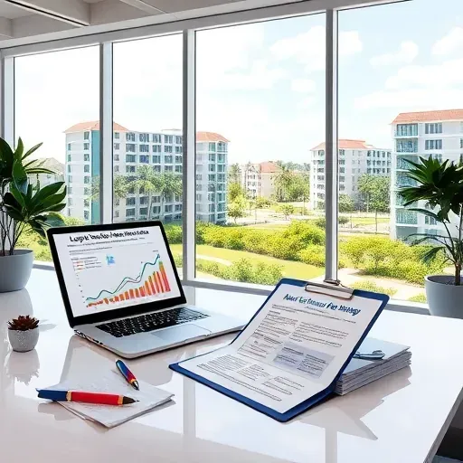 Modern office with organized desk, laptop charts, insurance brochures, overlooking Pembroke Pines Florida greenery