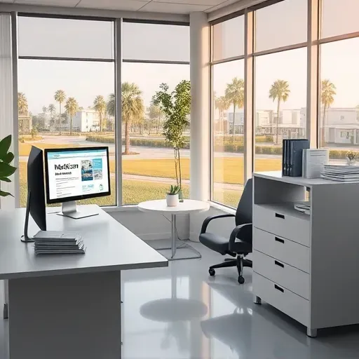Clean healthcare office in Pembroke Pines with modern furniture, computer, brochures, and view of suburban cityscape.