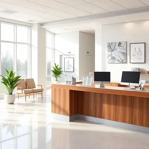 Modern healthcare reception with wooden marble counter, brochures, computers, natural light, plants, and welcoming waiting area