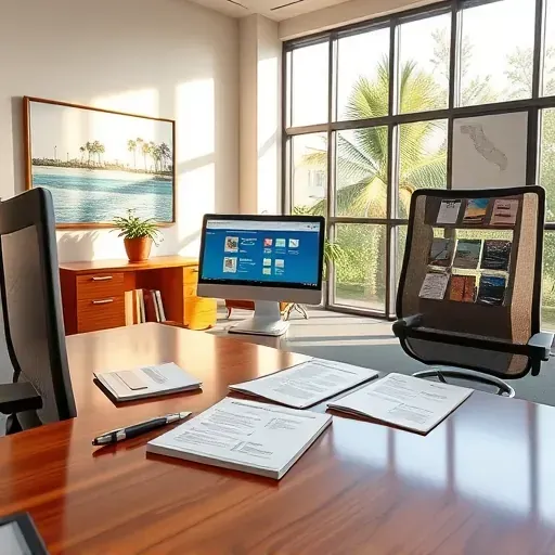 Modern Medicare consultation office in Pembroke Pines with wooden desk, computer, community artwork, and Florida decor