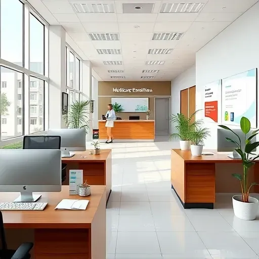 Modern Medicare enrollment office in Pembroke Pines Florida with sleek wooden desks natural light vibrant plants and organized paperwork