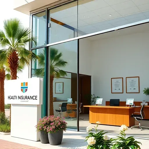 Health insurance office in Palm Springs FL featuring glass windows, palm trees, and a welcoming reception area.
