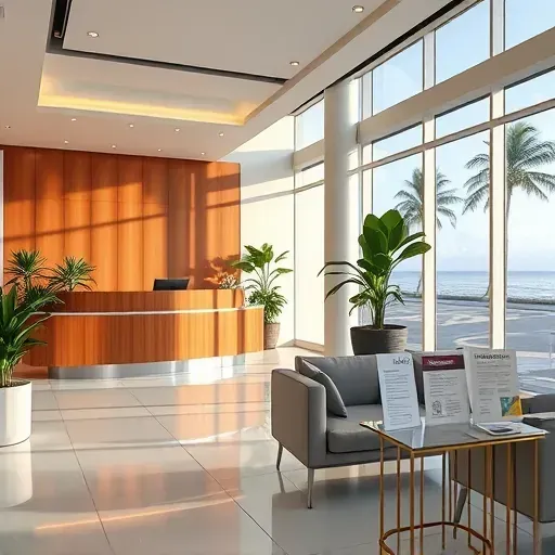 Health insurance office in Boca Raton with modern reception, polished desk, comfortable seating, greenery, and sunny views.