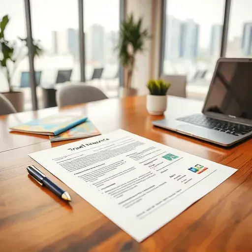 Detailed travel insurance document on wooden table with travel brochures, map, laptop, and office background in Pembroke Pines Florida