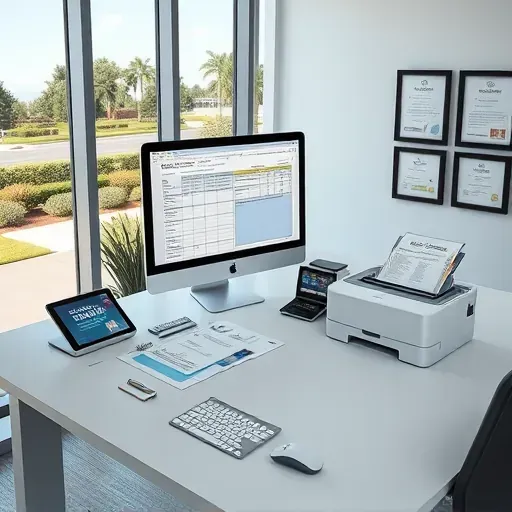 Organized Pembroke Pines Medicare Claims Support workspace with a desk, computer, paperwork, and digital devices.