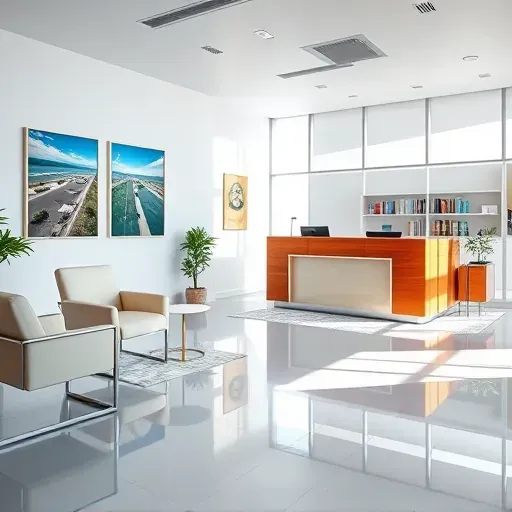 Health insurance office in Homestead FL with a modern reception area, sleek furniture, and vibrant colors, evoking trust.