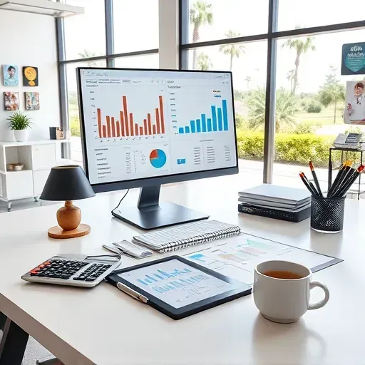 Organized workspace with computer, documents, calculator, tablet, and coffee in bright office overlooking palm trees for Medicare cost analysis