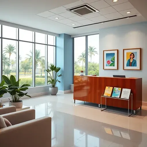 Modern health insurance office in Miami Lakes with warm wood reception desk, vibrant art, and natural lighting.