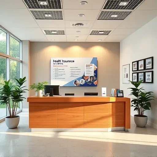 Health insurance office in Miramar FL featuring a modern reception area with polished wood desk and ambient lighting.