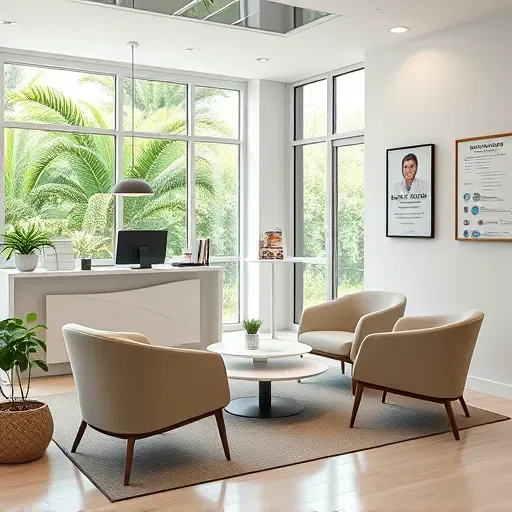 Modern healthcare office in Pembroke Pines FL featuring a sleek reception, brochures, chairs, and lush greenery outside.