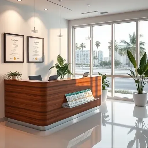 Health insurance office in North Miami Beach with modern reception, certificates, brochures, and palm tree views.