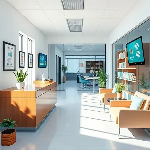 Modern health insurance office in Homestead FL features sleek reception area, plush seating, and natural light.