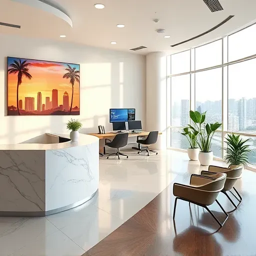 Health insurance office in Miami featuring a modern reception area, polished marble, vibrant art, and inviting ambiance.