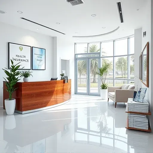 Completed health insurance office in Homestead FL featuring modern reception, polished wood desk, and inviting decor.