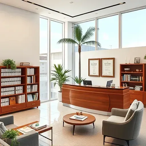 Modern health insurance office in Miami featuring sleek furniture, awards on walls, and a view of the skyline.