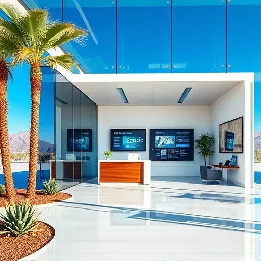 Health Insurance office in Palm Springs, FL featuring modern architecture, palm trees, and elegant interior design.