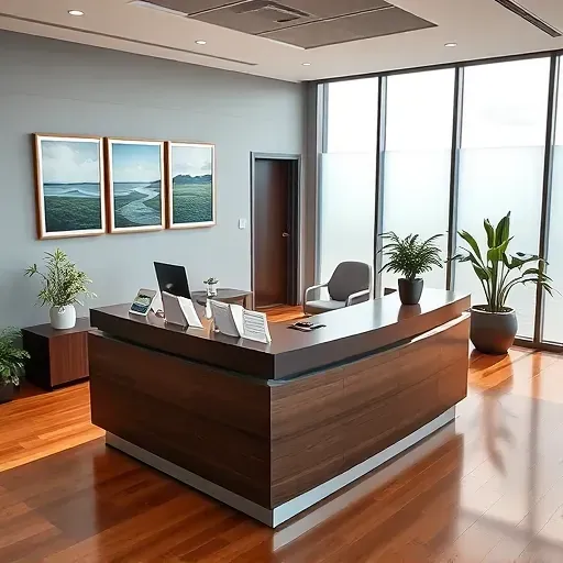 A modern health insurance office in Davie, FL with sleek reception area, polished floors, and inviting decor.