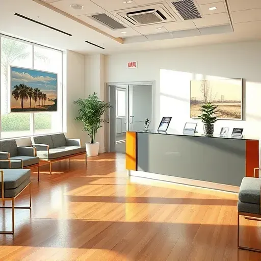 Modern Boca Raton health insurance office with a sleek reception area, polished wood floors, and tasteful local artwork.