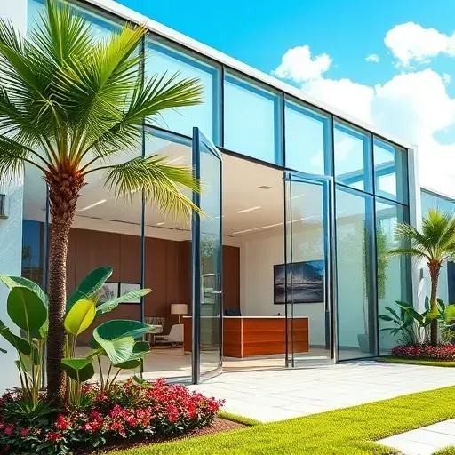 Health insurance office in Sunrise FL features modern design, glass windows, palm landscaping, and inviting reception area.