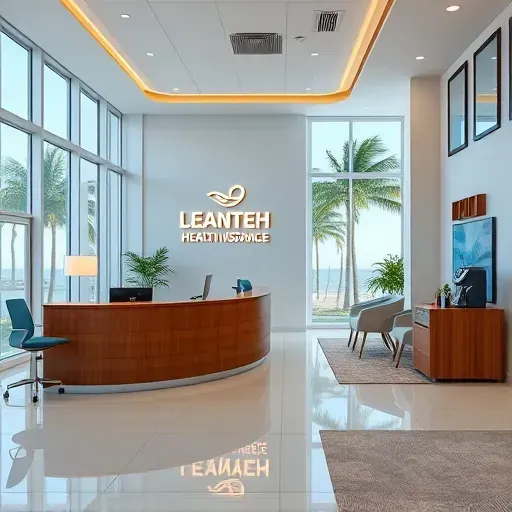 Health insurance office in Deerfield Beach with sleek decor, beach hues, coffee station, and natural light from windows.