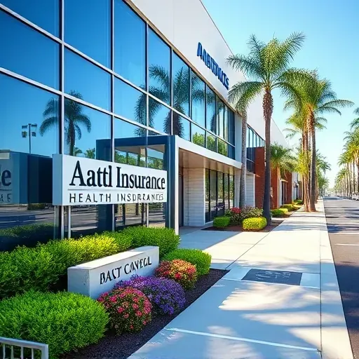 A modern health insurance office in Greenacres, FL, featuring glass windows, vibrant landscaping, and a welcoming atmosphere.