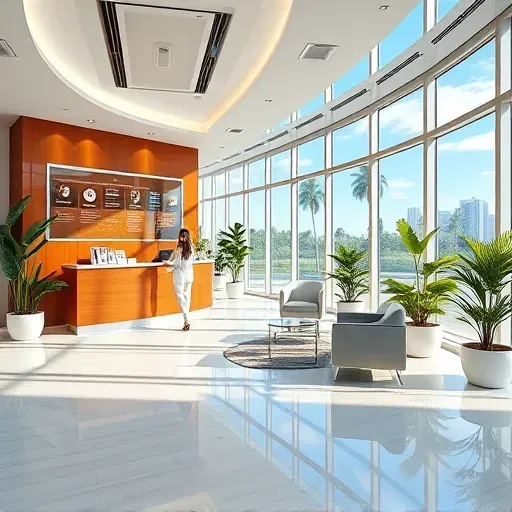 Modern health insurance office in Aventura FL featuring sleek design, welcoming light, and vibrant insurance displays.
