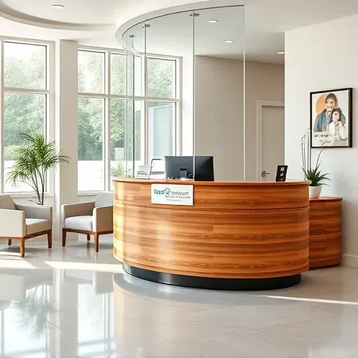 Clean modern healthcare office with wooden reception desk, glass partition, potted plants, natural light, and welcoming atmosphere