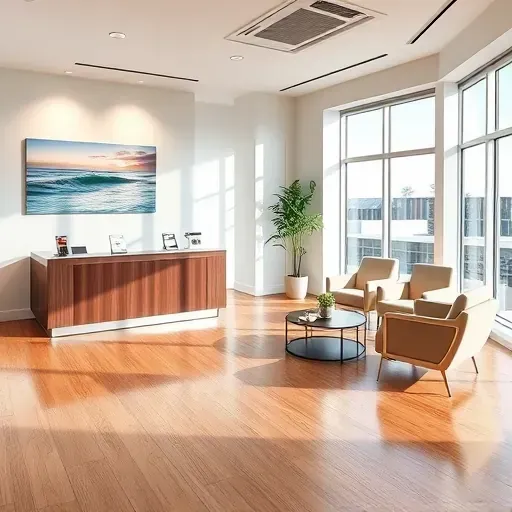 Health insurance office in Boynton Beach FL featuring a sleek reception with polished wood floors, coastal artwork, and cozy seating.