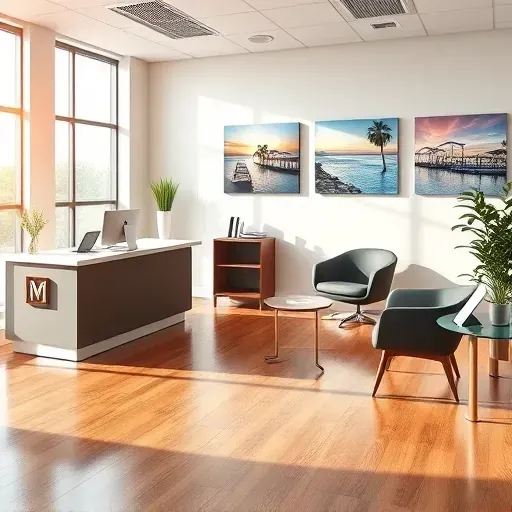 Reception area at a Medicare consulting office in Pembroke Pines, featuring modern design, brochures, and inviting lighting.