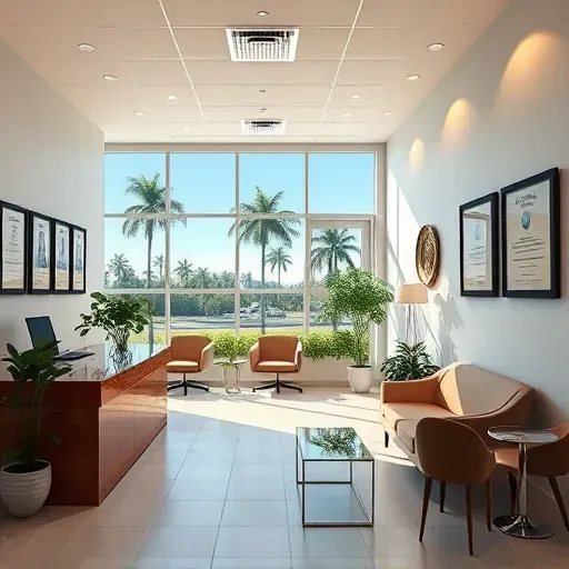 Health Insurance office in Pembroke Pines FL featuring a polished reception area, warm lighting, and elegant decor.