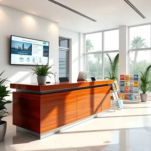 Modern health insurance office in Royal Palm Beach features sleek reception area, wooden desk, plants, and informative screens.