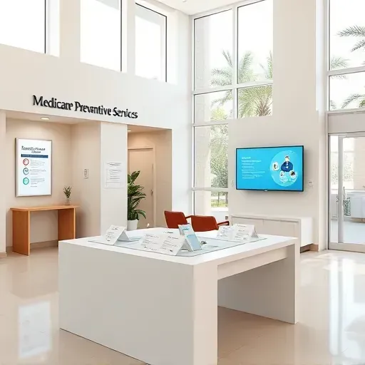 Medicare Preventive Services Education booth in Pembroke Pines FL with clear signage, brochures, digital screen, and welcoming clinic interior