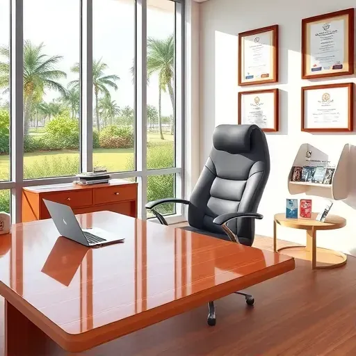 Modern Medicare consultation room in West Palm Beach with wooden desk, ergonomic chair, natural sunlight, palm view and professional decor