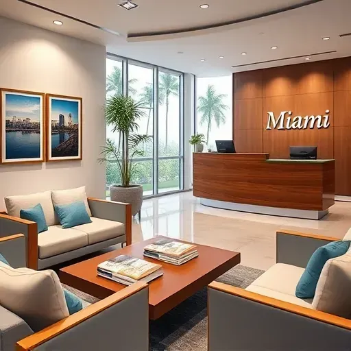 Modern Health Insurance office in Miami with inviting reception area, plush seating, and palm tree views.