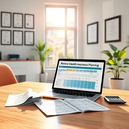 Well-organized retiree health insurance planning display with brochures a laptop a calculator on a wooden desk by a window