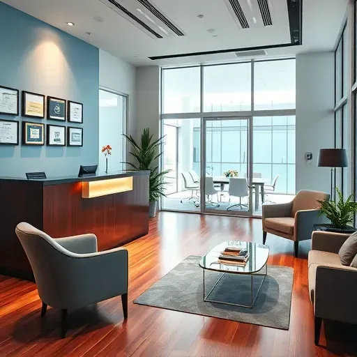Health insurance office in Coral Springs FL featuring sleek dark wood reception, awards on walls, and inviting seating area.