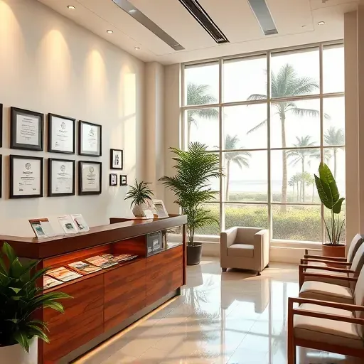 Modern health insurance office in Delray Beach with inviting reception area, polished desk, plants, and sunny views.