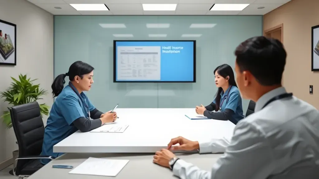 Virtual consultation setup for health insurance in Pembroke Pines, featuring a desktop, documents, and a laptop.
