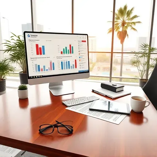 Well-organized Pembroke Pines workspace with charts, brochures, and a computer for retiree health insurance planning in bright office