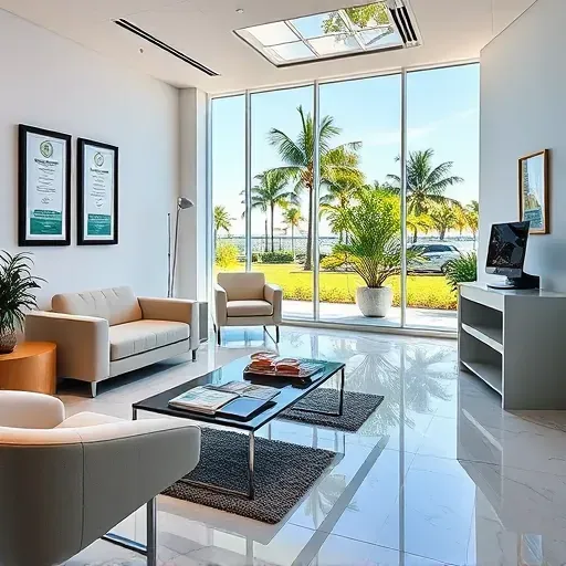 Modern health insurance office in North Miami Beach with marble floors, natural light, and organized reception area.