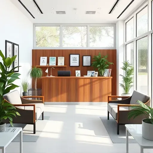 Health insurance office in Boca Raton with modern reception, polished wood desk, comfortable seating, and natural light.