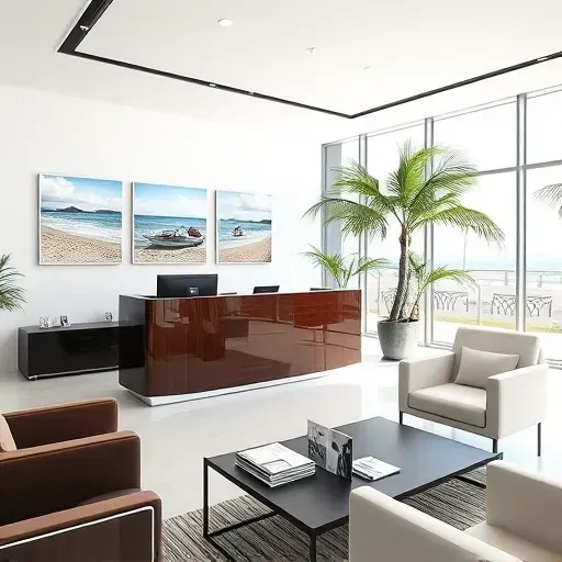 Modern Health Insurance office in Pompano Beach with dark wood reception desk, beach-themed artwork, and natural light.