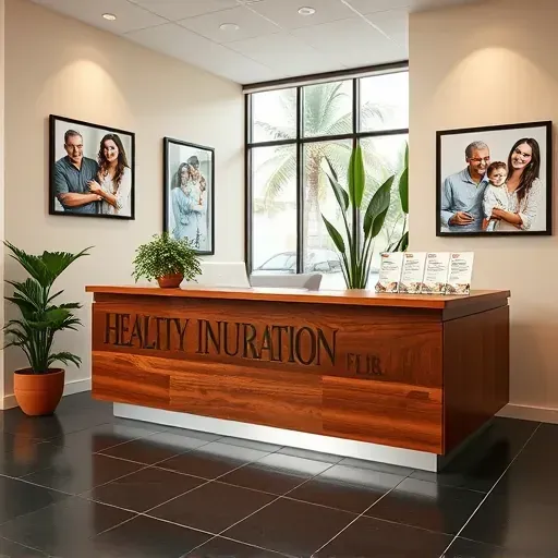 Modern health insurance office in Hollywood FL with sleek reception area, polished wood desk, and warm decor.