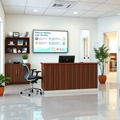 Modern medical office reception in Pembroke Pines with a dark wood desk, digital Medicare graphics, organized shelves, and natural lighting