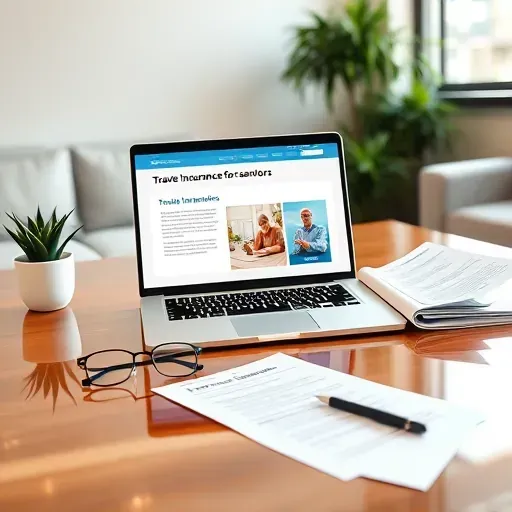 Travel insurance documents and brochures for seniors on a wooden desk with a laptop, glasses, and office background.