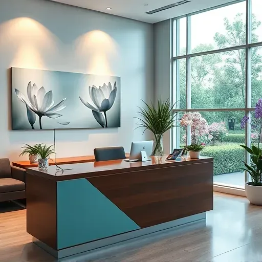 Health Insurance office in Wellington, FL features a modern reception area with polished wood, calming artwork, and a lush view.