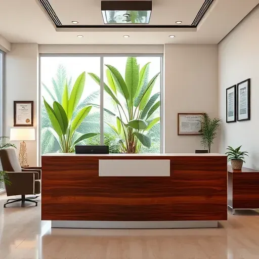 Modern Health Insurance office in Dania Beach with polished desk, earthy decor, lush views, and inviting lighting.